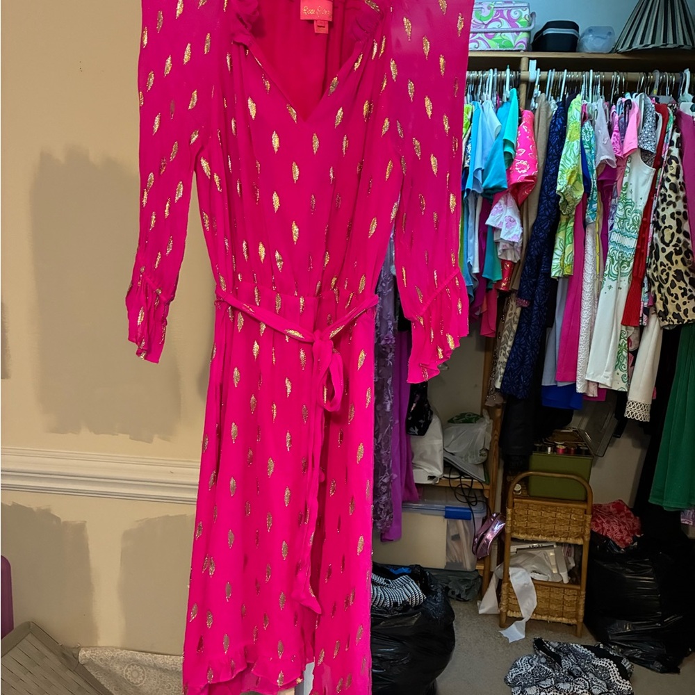 Lilly Pulitzer Vibrant Pink Dress with Gold Accents size medium.